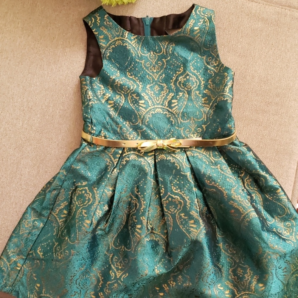 Green and gold brocade dress